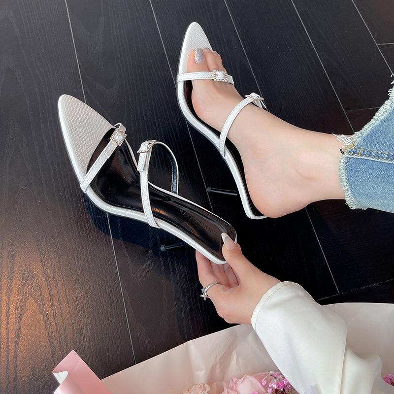 Sexy pointed high heels summer new rhinestone thin heel Roman sandals one word with square buckle open-toed women's shoes slippers