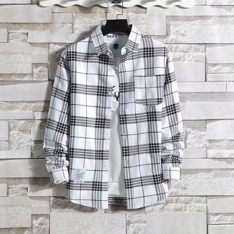 Męska koszula w kratę z długim rękawem o luźnym kroju - Trend w stylu koreańskim, duży rozmiar, kolekcja wiosna/lato