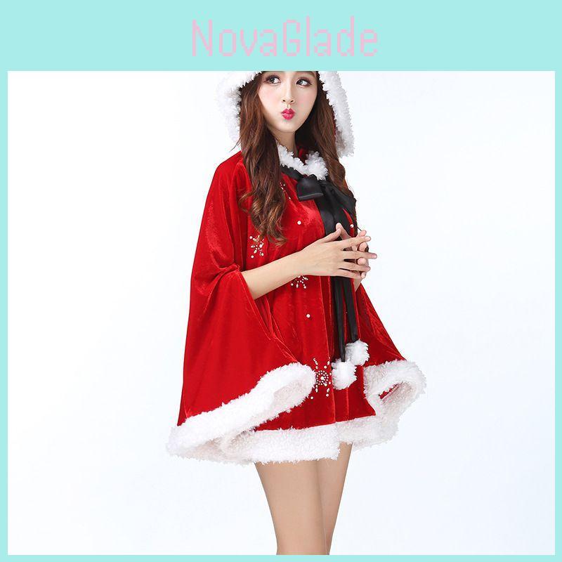 Atemberaubender Damen Weihnachts-Rot-Samt Nikolaus Umhang Kapuze Xmas Cosplay Kostüm