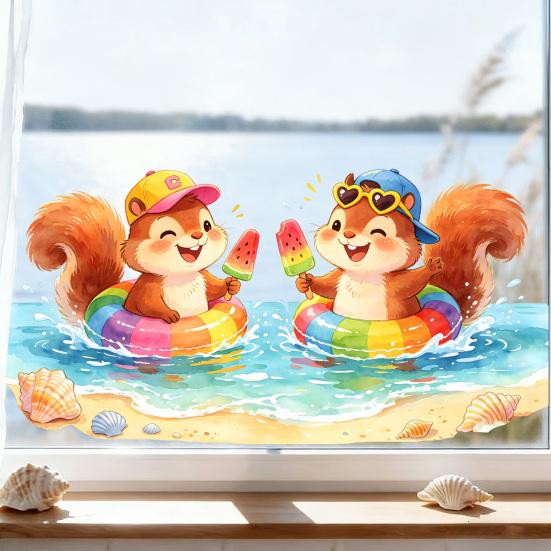 Summer Window Clings Pool Party Theme Cartoon Squirrel Window Decal Removable Static PVC Glass Sticker for Beach Party Supplies Home Office Decor