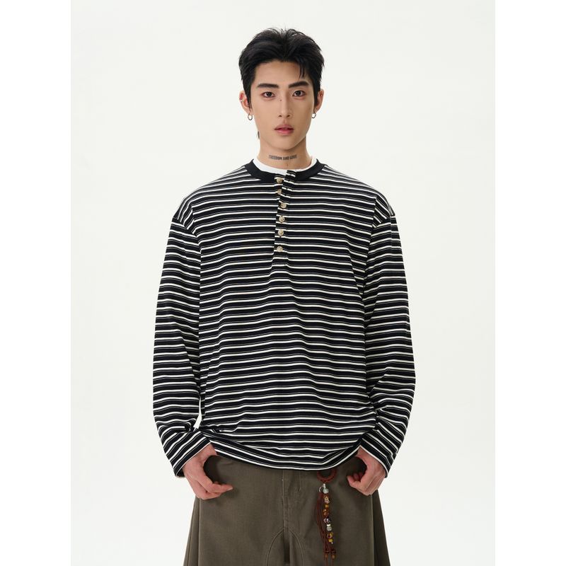 Kisko American Retro Classic Striped Henry Collar Long-Sleeve T-Shirt for Men and Women, Simple Casual Lazy Base Shirt Top