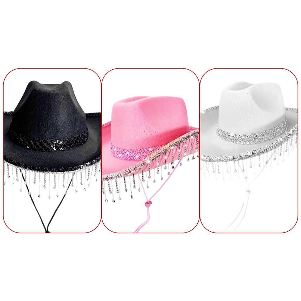 Romantic Wedding Cowboy Hat Rhinestone Accents Flowing Tassels Delicate Lace Trim Adjustable Adult Size