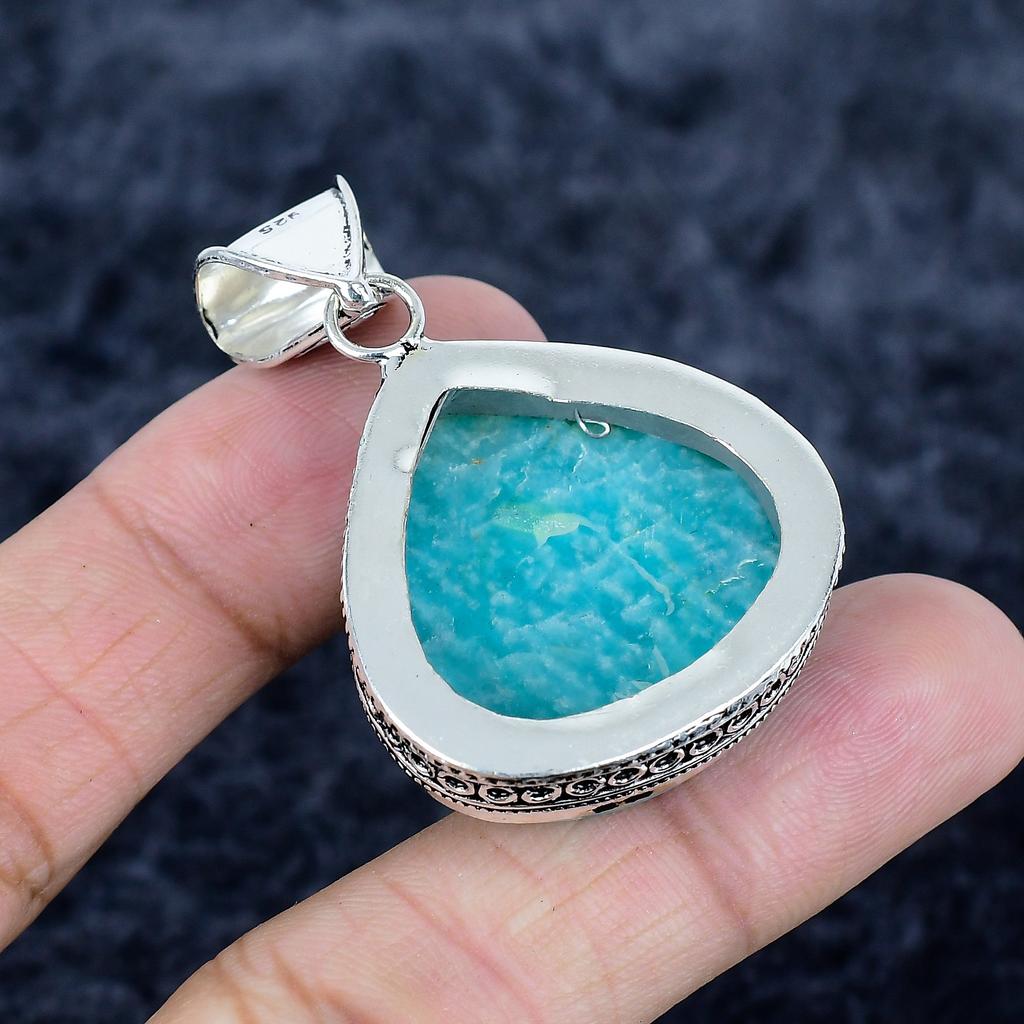 Amazonite Gemstone Handmade 925 Sterling Silver Jewelry Pendant 1.97" MM-3415
