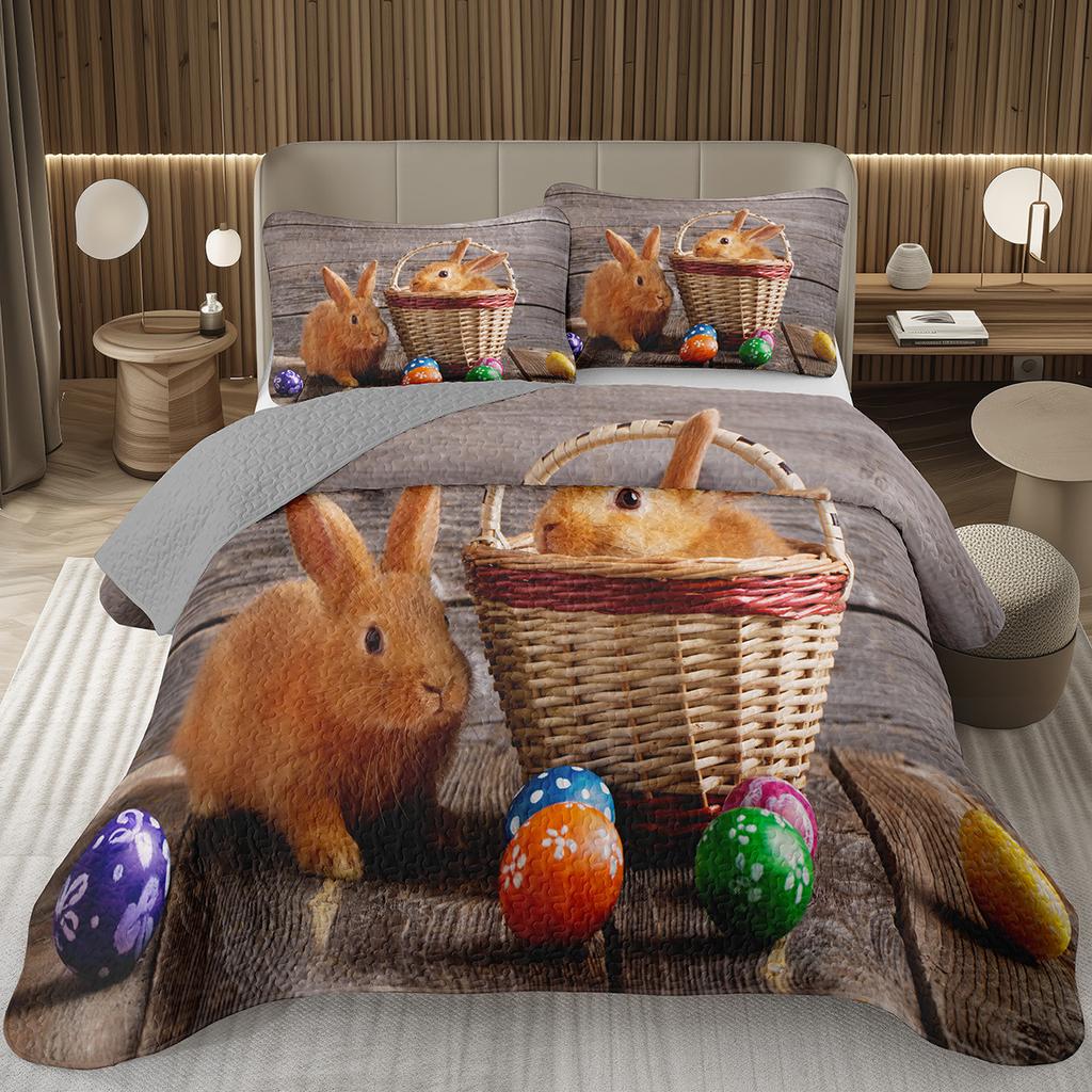 Cartoon Rabbit Bedspread Queen/Twin Lightweight Rustic Farmhouse Coverlet Easter Bunny Quilted Bedding Set 2/3 Pieces Quilt Set