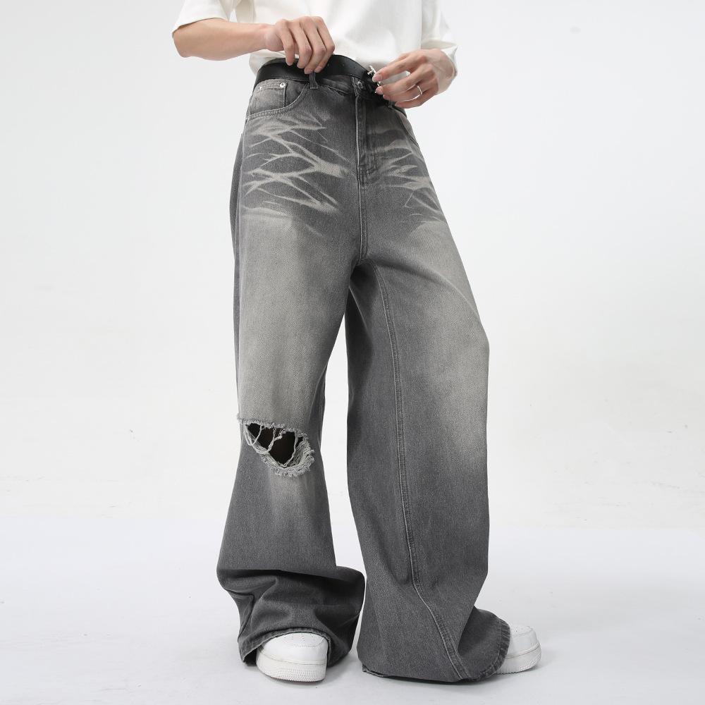Men's Summer New Product Retro Washed Pattern Distressed Straight Leg Wide Leg Mop Jeans