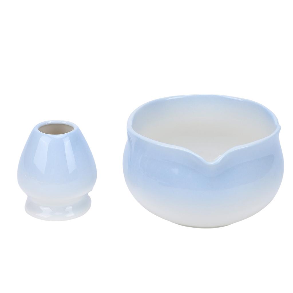 Matcha Bowl and Whisk Holder Ceramic Matcha Mixing Bowl with Spout for Traditional Japanese Tea Ceremony Gradient Blue