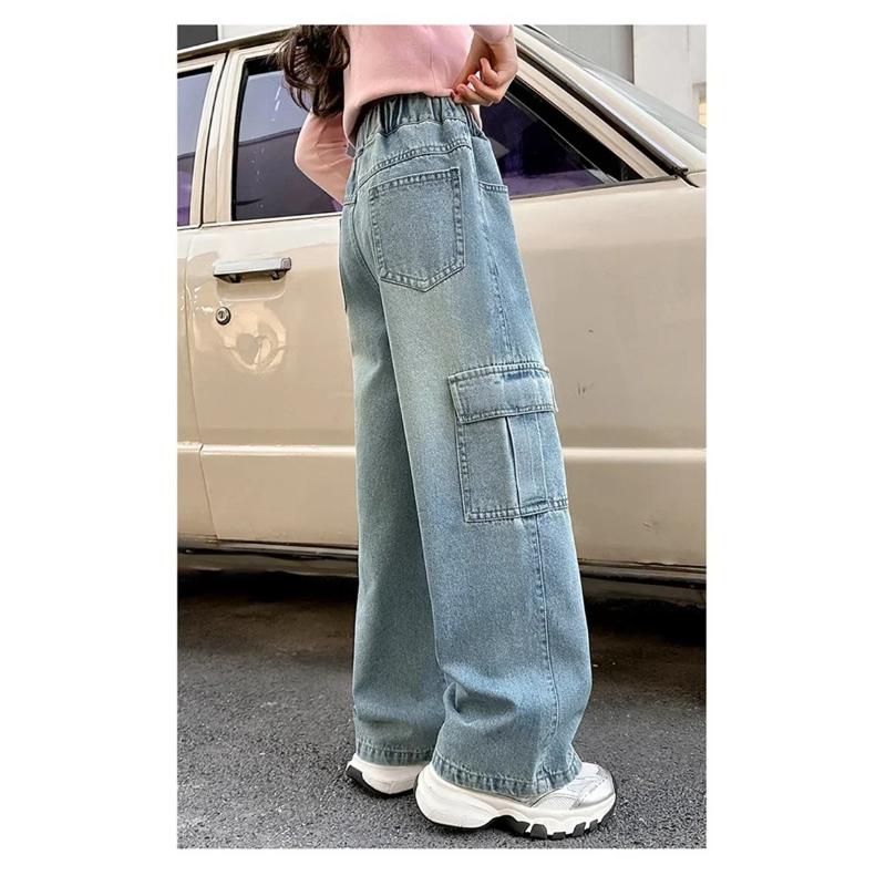 Girls Cargo Jeans Kids Wide-legged Denim Pants Teenagers Fashion Streetwear Loose Trousers Children Casual Clothes 5-12Y