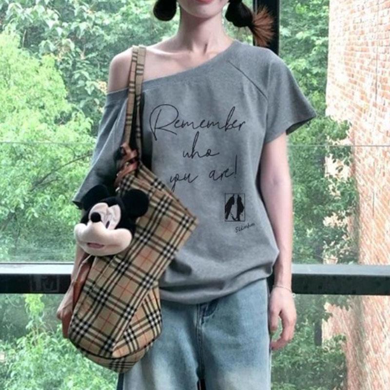 Women s Summer Off Shoulder Letter Print Casual T Shirt S