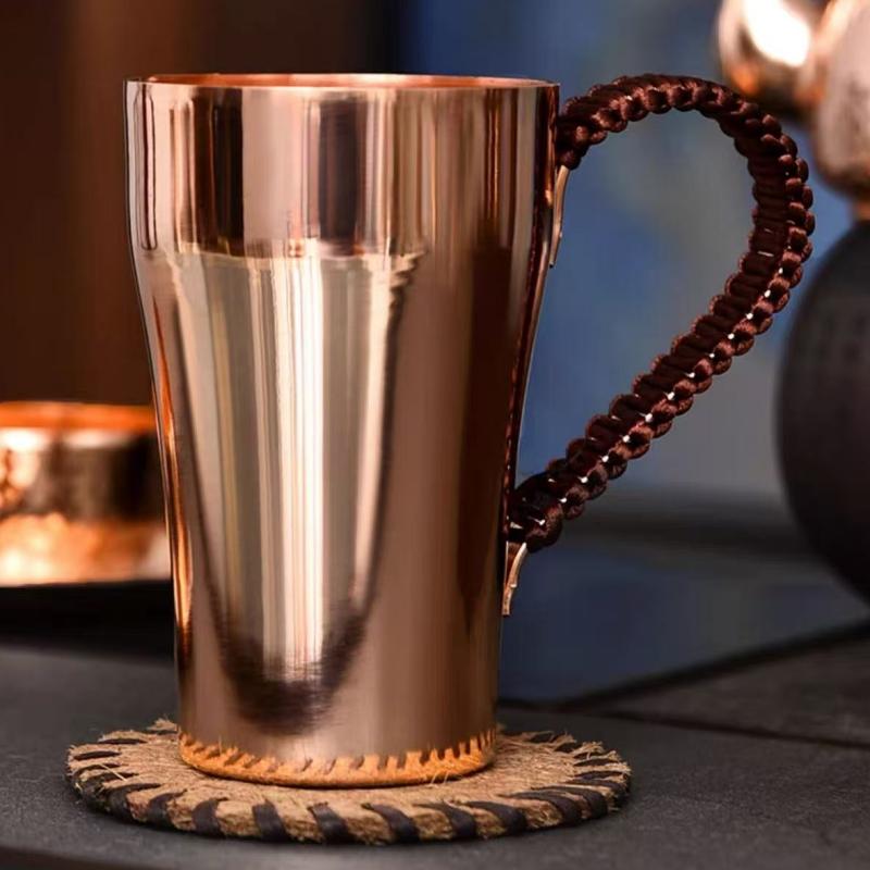 Vintage Pure Copper Coffee Cup,Handcrafted Polishing Engraving Hammer Texture Woven Handle 400 ml Beer Mug,Tea Cup Tableware