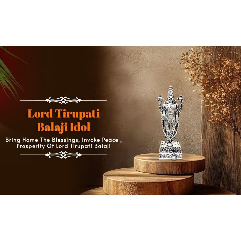 Lord Tirupati Balaji Silver Plated Matte Idol with Garuda for Car Dashboard | Vishnu Ji Idol for Office Desk | Venkateswara Swamy Murti