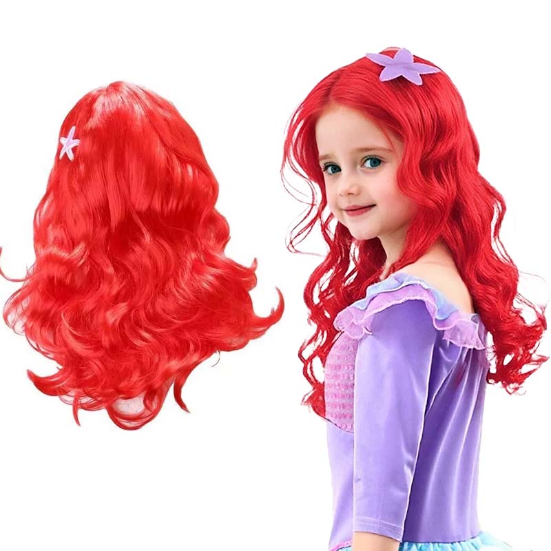 Girls Princess Mermaid Wig with Starfish Hairpins Long Curly Halloween Princess Costume Dress Up Accessories Anime Cosplay Wigs