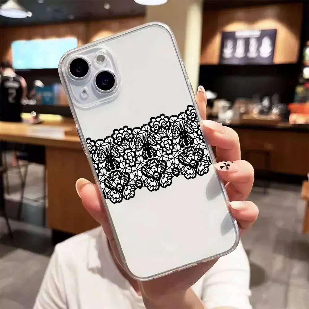 

Black Lace Print Luxury Transparent Phone Case For IPhone 17 16 15 Pro Max 14 13 12 11 iPhone 15 Pro