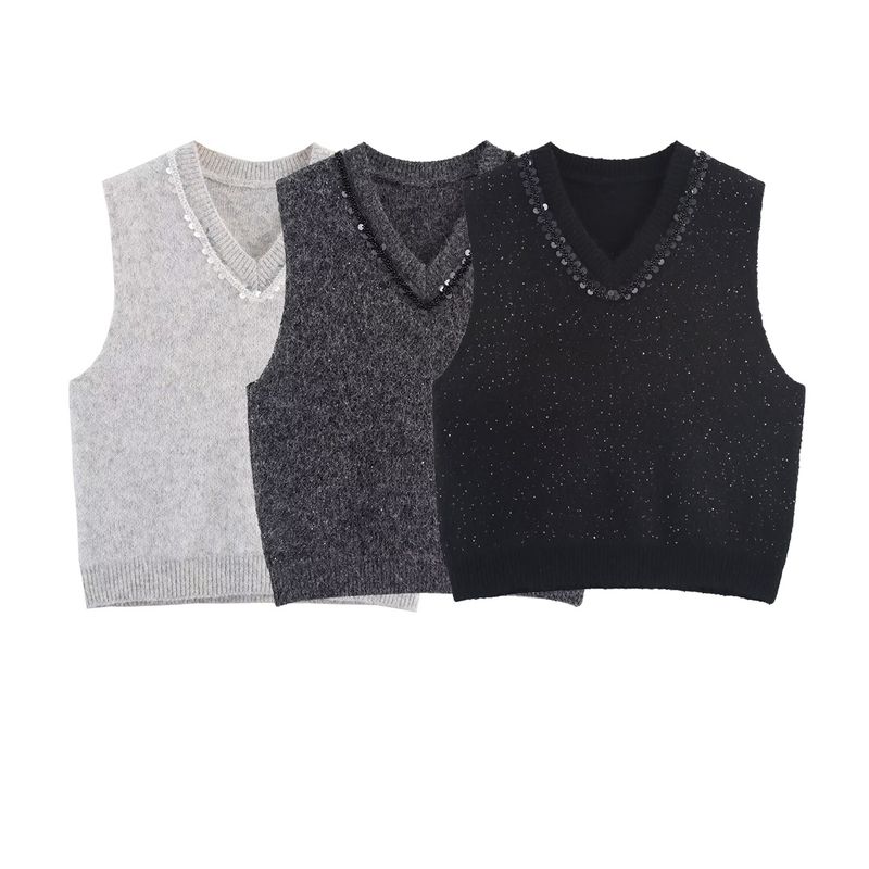 Kaslead New Women Clothes Western Style Simple and Versatile Sequined Neckline Decoration Knit Vest