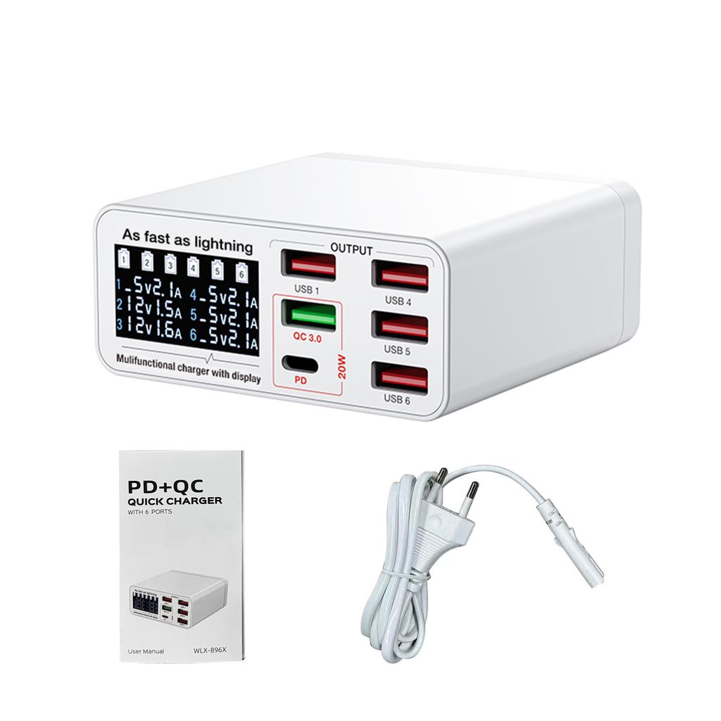 6 Port Multi function Desktop Charging Station with Smart Display USB Charger for Multiple Devices EU Plug