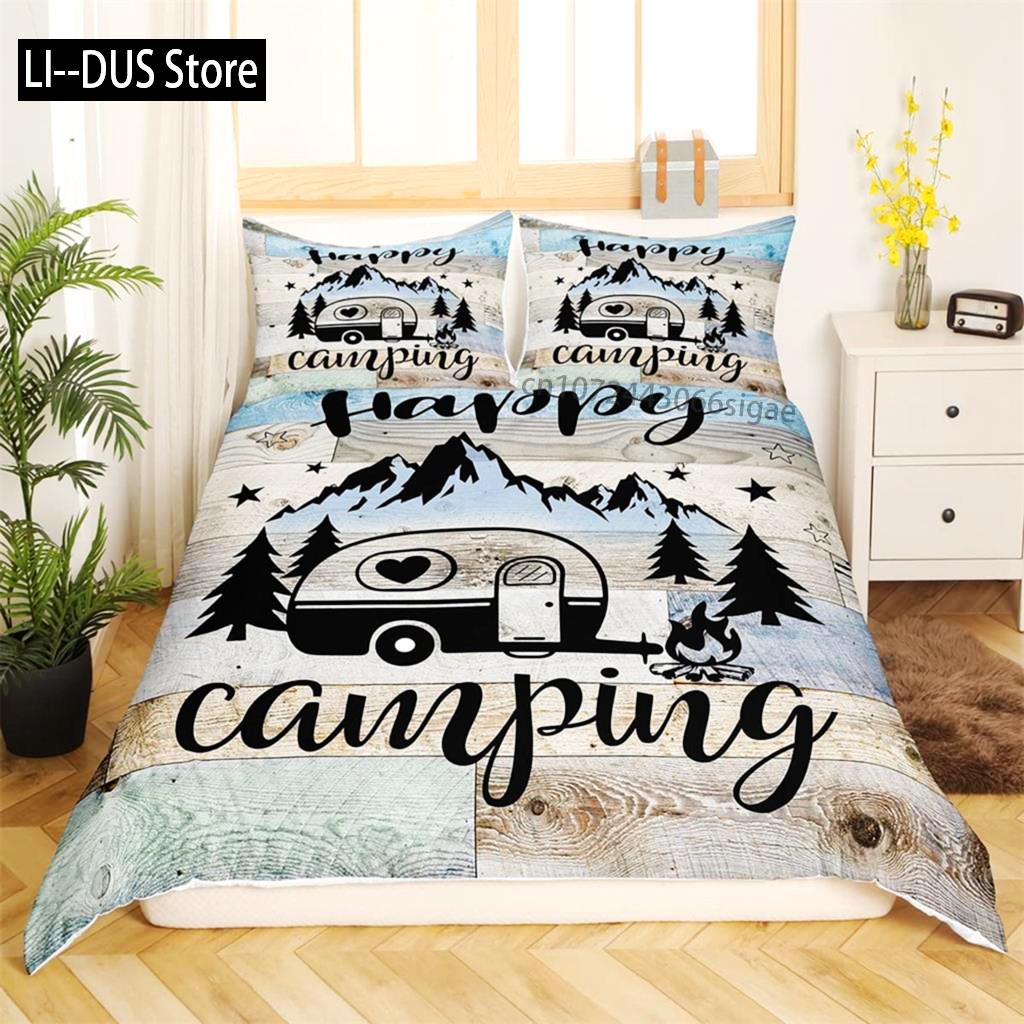 Camping Duvet Cover Set Cartoon Camper Comforter Cover Old Barn Door Bedding Set Cowboys Wooden Farmhouse Style For Kids Decor