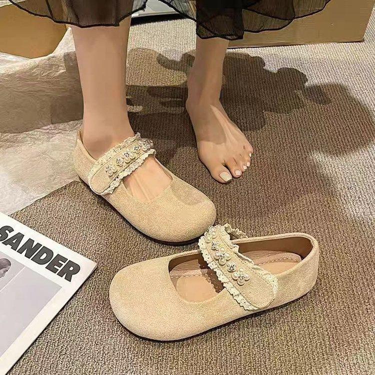 Velcro flat Mary Jane single shoes women's autumn 2025 new pearl shallow mouth with skirt versatile beanie shoes