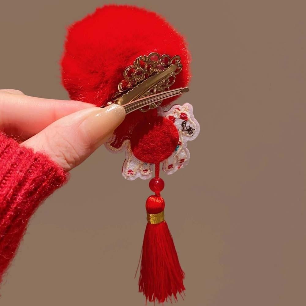 Lion New Year Tassel Hair Hoop Embroidered Bow Ancient Style Hair Clips Winter