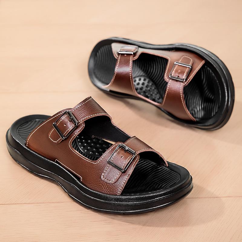 Fashion Premium Mens Leather Slippers Adjustable Buckle Slides Non-Slip Sole Man Wading Aqua Shoes Comfortable Summer Half Drag Slippers