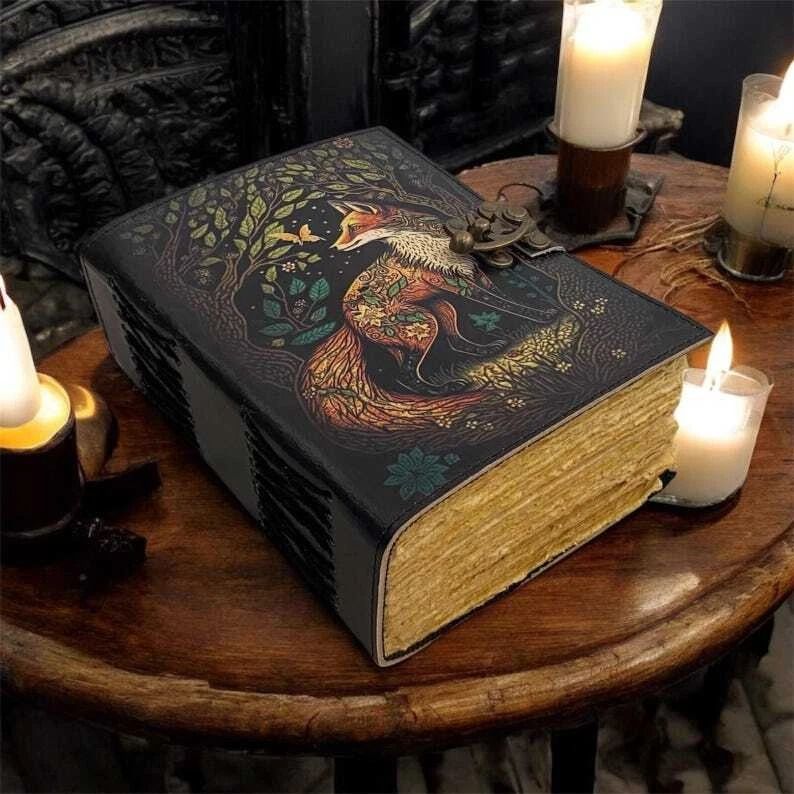Large Fox Vintage Grimoire Fat Journal Blank Spell Book Handmade Leather Journal