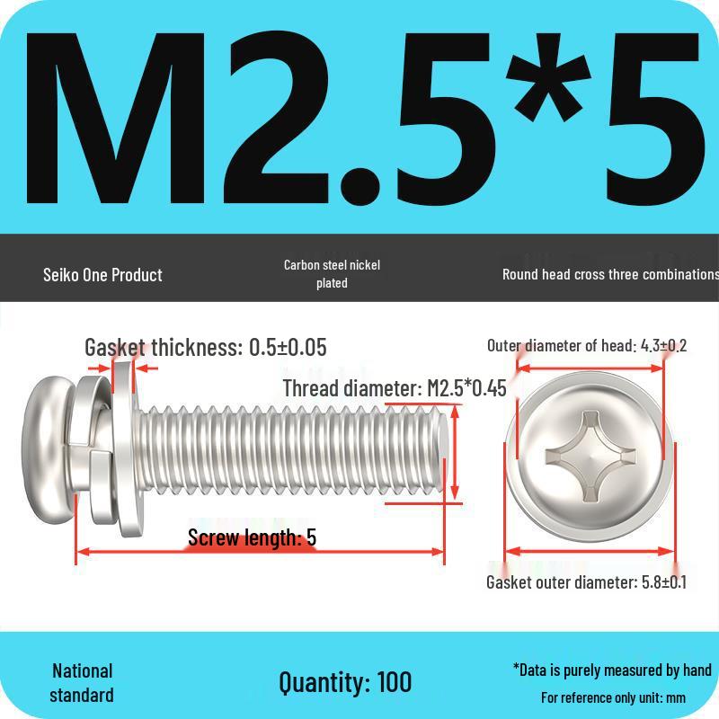 Nickel-Plated Phillips Pan Head Screw with Washer, M2-M6 Thread