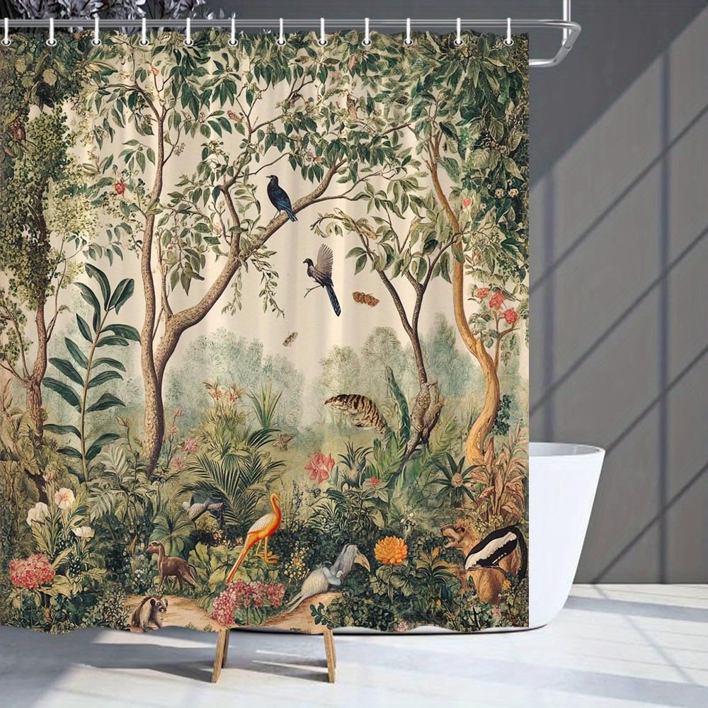 1pc Botanical Jungle Shower Curtain - Tropical Forest Design, Exotic Birds & Animals, Lush Greenery,Red Orange Flowers,Polyester