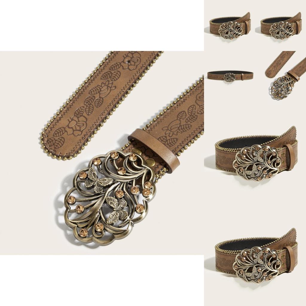 Punk Fashion Leather Belt With With Butterfly Design And Rhinestone Decor For Hip Hop Style Men And Women