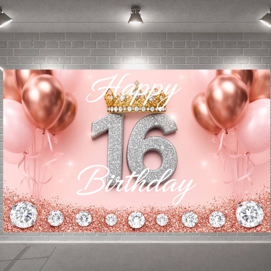 Oslava 16. narozenin Stříbrná třpytivá čísla Banner Šťastné 16. narozeniny Banner k 16. narozeninám Růžové pozadí Pro narozeninovou fotku