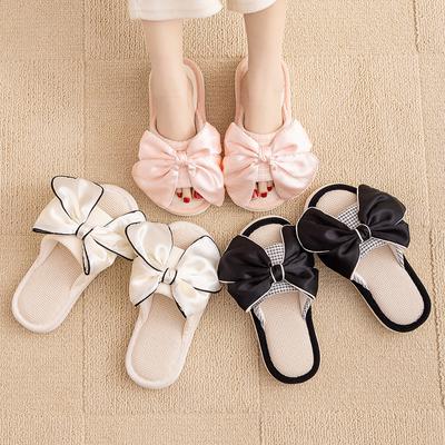 Elegant Hairy Slippers Bow Linen Slippers Indoor Sandals Slippers Small Perfume Simple Fabric Cotton Slippers Home Shoes Slippers Pink