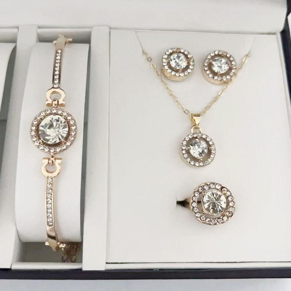 Luxury Rhinestone 4-Piece Jewelry Set, Necklace Earrings Bracelet Ring