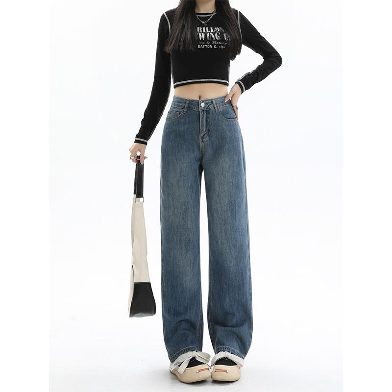 Women's Retro Blue Wide-Leg Fleece-Lined High-Waist Jeans - Plus Size, Floor-Length, Autumn/Winter 2024