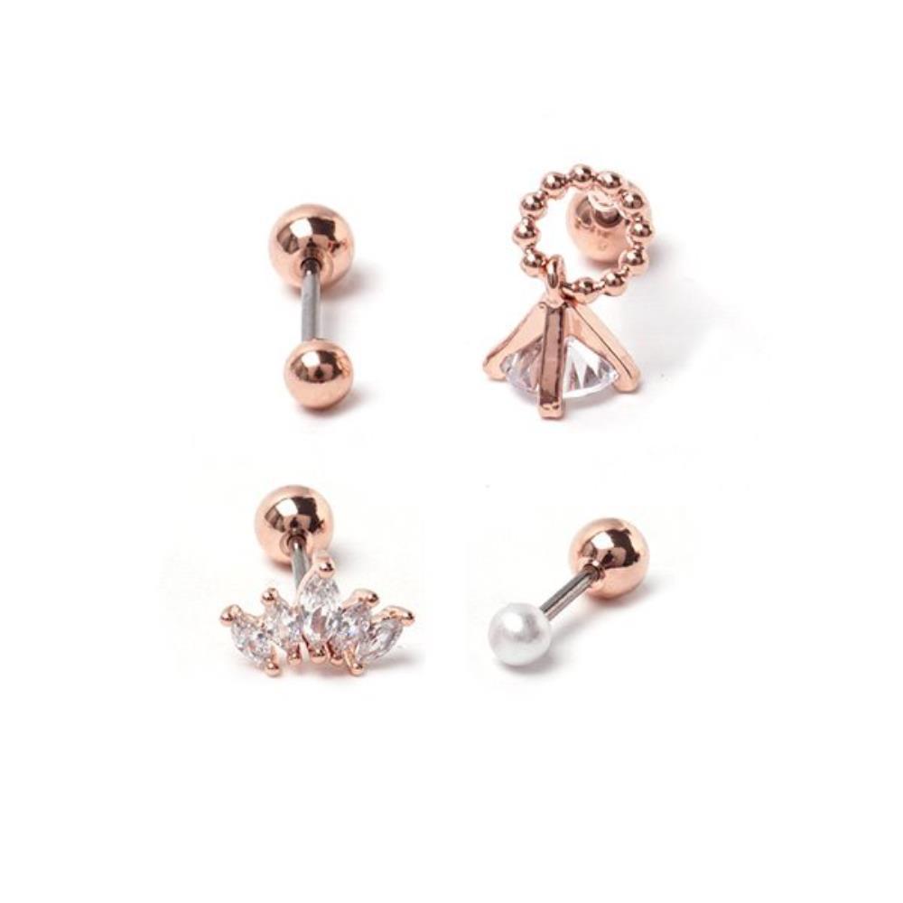 Women's 4-Piece Cubic Rose Gold Bar Piercing Earrings