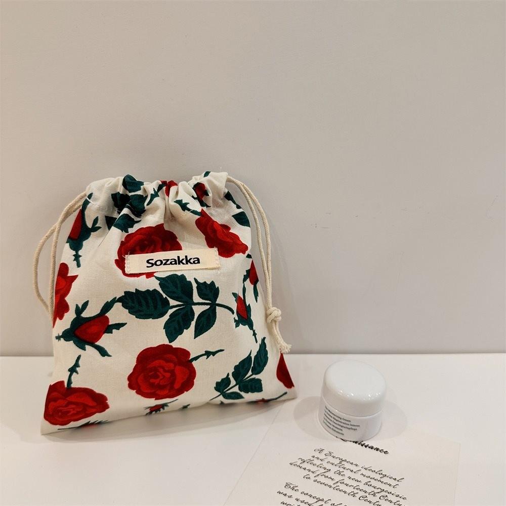 Stylish Japanese Portable Makeup Bag Floral Canvas Drawstring Cosmetic Pouch For Women
