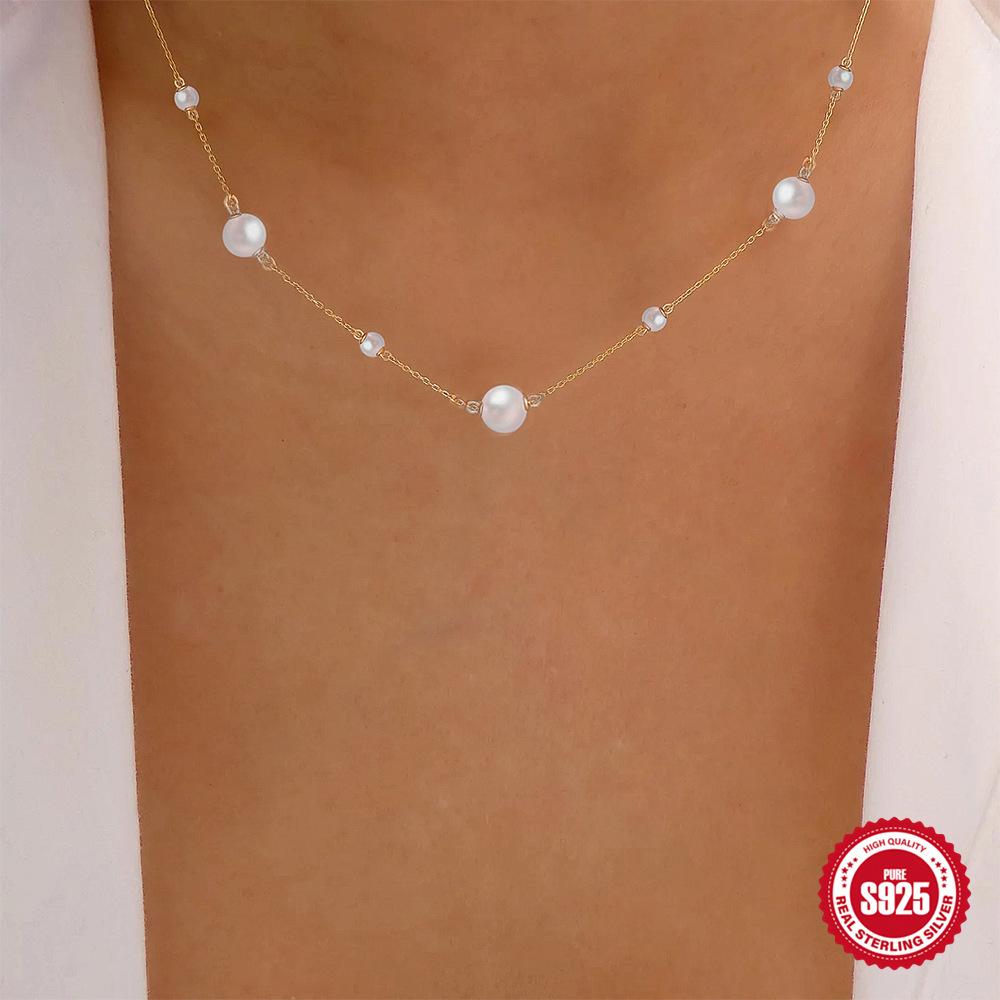 Stylish And Simple Style S925 Sterling Silver Classic Size Pearl Stacked Collarbone Necklace Women'S Wedding Gift Accessories