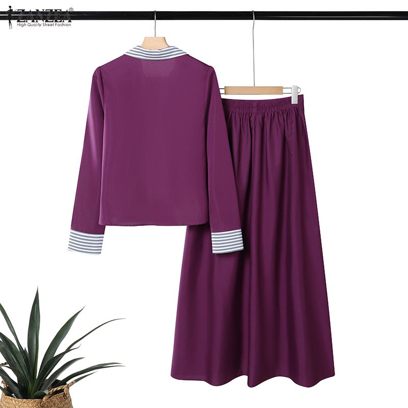 ZANZEA Women Long Sleeve Blouse and Long Skirts Vintage Two Piece Suit Sets