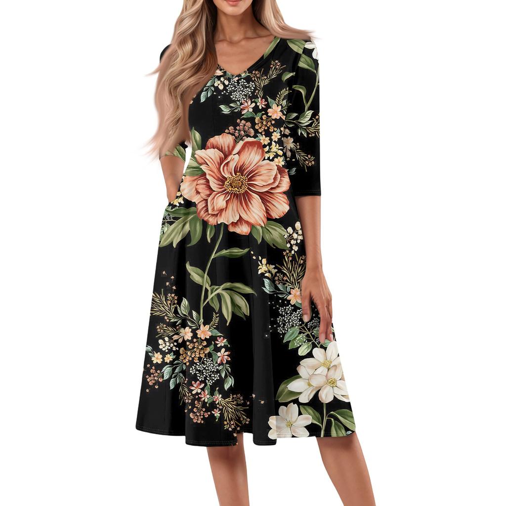 Women's Casual Fashion V Neck Three Quarter Sleeve Print Midi Dress
