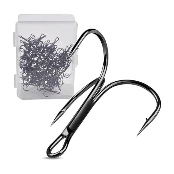 100 Pieces Triple Hook Lure Needle Round Three Hooks Black 1# 2# 4# 6# 8# 10# Set