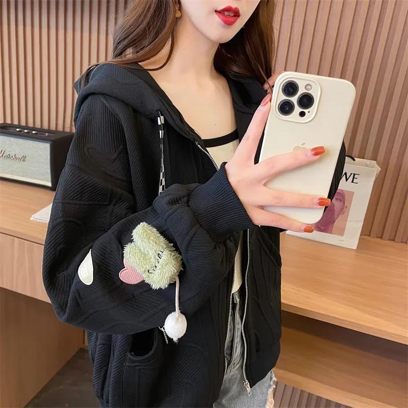 

Jacket for Women Autumn Outer Wear Design Hooded Sweatshirt Short Zipper Korean Style High Street L чорний