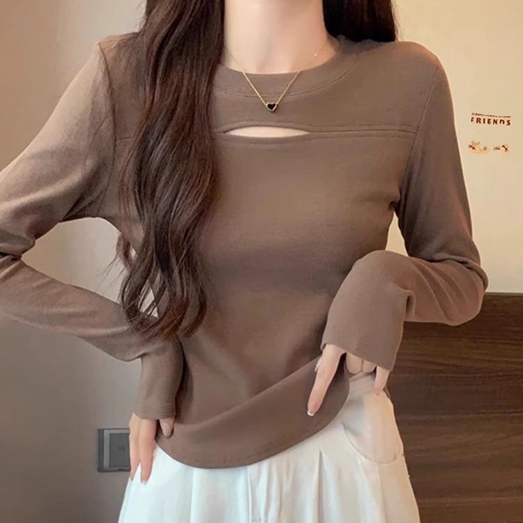 

Базовая футболка разработчика для женщин на осень и зиму, топы с длинным рукавом, новая облегающая короткая шикарная утолщенная шерстяная футболка XXL коричневый