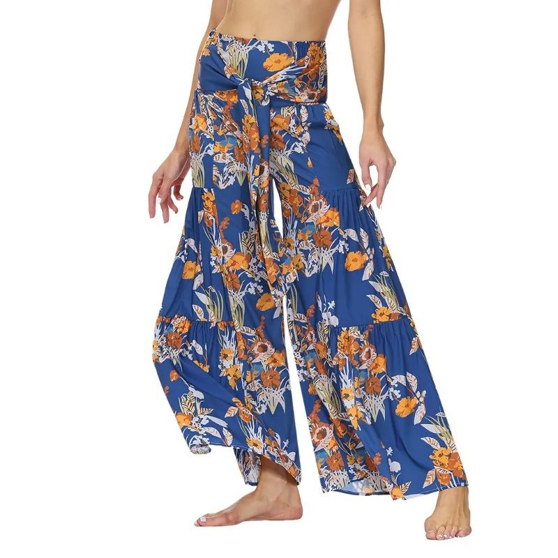 

Широкие брюки с цветочным принтом и завязками спереди, повседневные свободные брюки на весну и лето, женская одежда XL