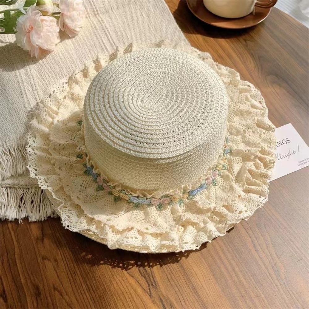 Wide Brim Lace Floral Brim Cap Flat Top Sunscreen Hat Cute Women's Sun Hat  Seaside