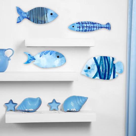 4 Pcs Wood Fish Wall Decor Rustic Blue Fish Beach Wall Art Nautical Coastal Themed Wall Hanging Sculpture for Lake House Ocean Bathroom Decor