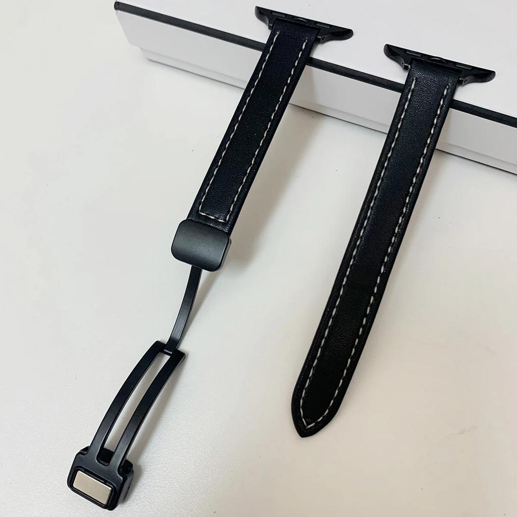 Folding Buckle Leather Magnetic Strap For Apple Watch S10 42/46mm 9 8 7 6 SE 5 4 Slim Watchband 38 40 44mm 45mm 41mm For iwatch