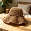 Women Hat Wide Brim Adjustable Strap Hollow Crochet Straw Hat Breathable Foldable Summer Outdoor Sun Hat