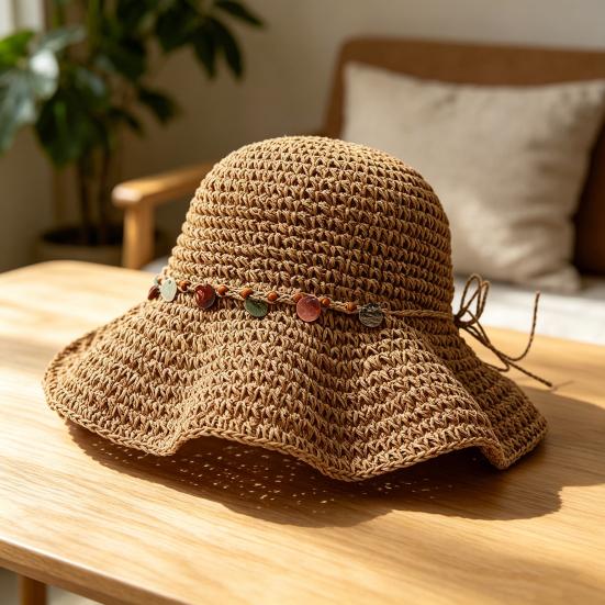 Women Hat Wide Brim Adjustable Strap Hollow Crochet Straw Hat Breathable Foldable Summer Outdoor Sun Hat