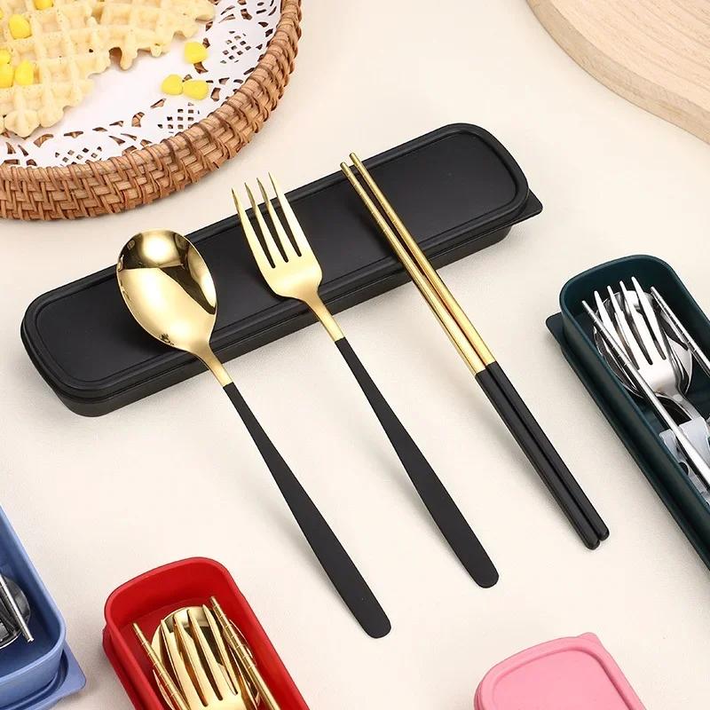 3-teiliges/Set Besteck mit Boxhalter Geschirr Löffel Gabel Essstäbchen Set Reise-Tischbesteck Edelstahl Reisebesteckset Utensilienetui