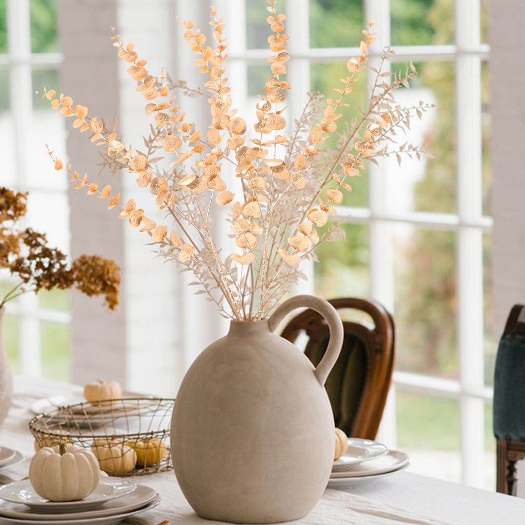 4Pcs Gold Tone Eucalyptus Stem Artificial Eucalyptus Leaves Stems Real Touch Faux Branches for DIY Home Decor Bookshelf Counter