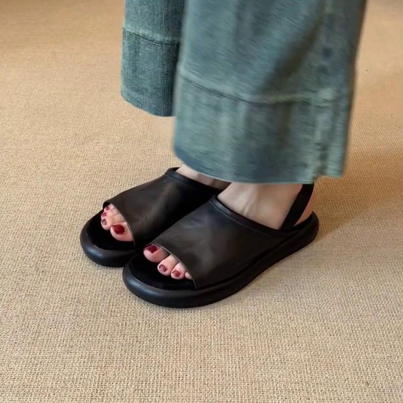Cowhide version retro open-toed one-word sandals women's summer wear versatile vacation beach shoes flat-bottomed cool slippers