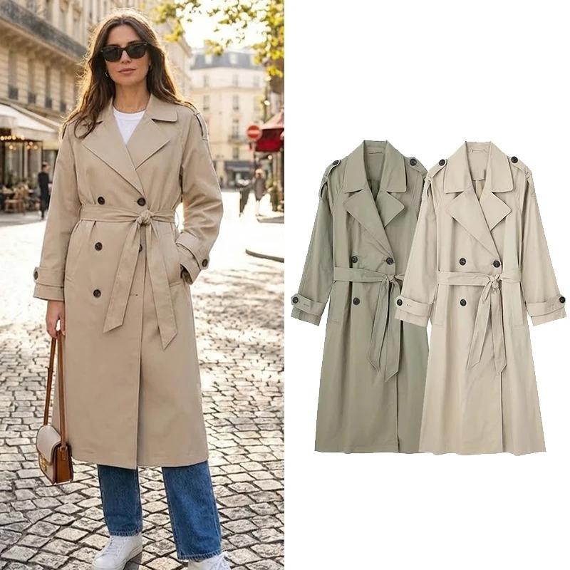 Women Fashion Solid Double Breasted Trench Vintage Lapel Neck Long Sleeves Female Chic Lady Outfits