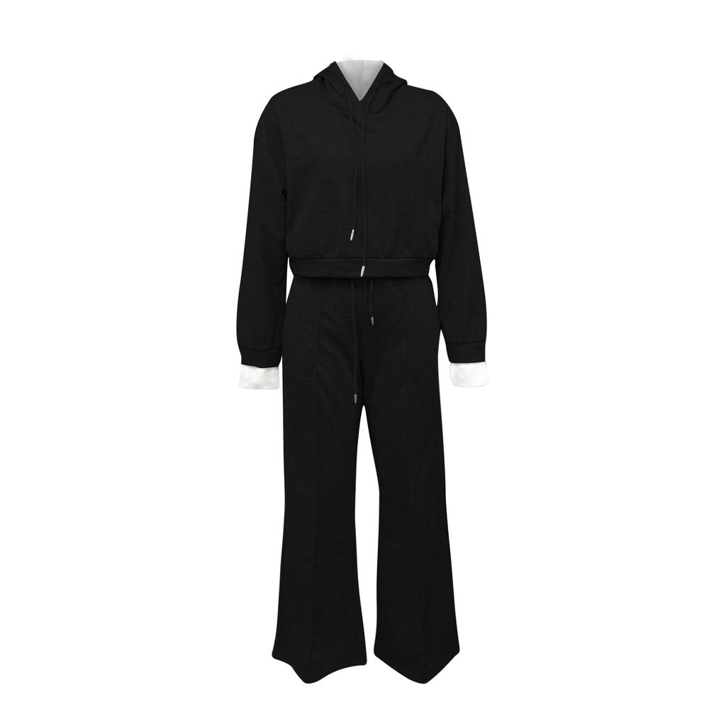 Women's Solid Color Long Sleeve Casual Hooded Sweatshirt Sport Wide Leg Pants Set