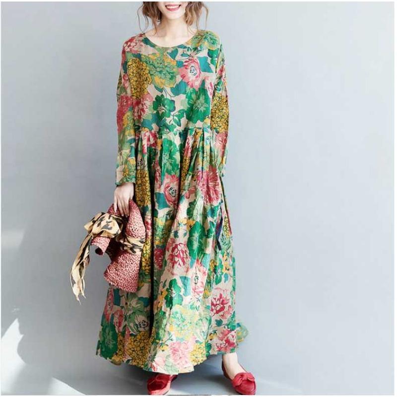 Damen Langer Rock Retro Große Blume Übergroß Schwingend Bodenlanges Kleid